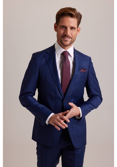 Erkek Lacivert Regular Fit Çift Yırtmaç Kareli Takım Elbise