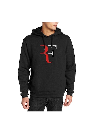 Roger Federer Rf Baskılı Siyah Erkek Örme Kapşonlu Sweatshirt