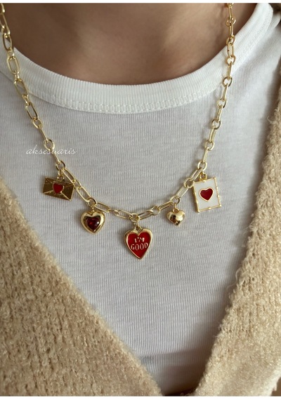 5'li Kırmızı Temalı Charm Love Kolye Altın Altın