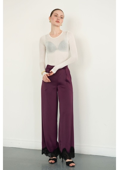 Verymoda Paçası Dantelli Saten Pantolon D2969 Kahve