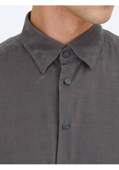 Kip Gri Çizgili Regular Fit Dokuma Kadife Casual %100 Pamuk Gömlek Gri