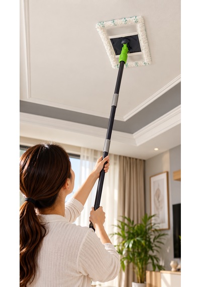 Duvar Ve Tavan Temizleme Mopu - Kurutma Mop - Mikrofiber Başlıklı Demonte Saplı Ekstra Su Emici Bez - 360 Derece Döner Başlık