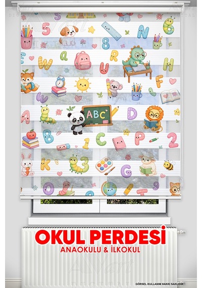 Sevimli Hayvanlar Ve Karakterler Baskılı Okul Perdesi - Dijital Baskılı Zebra Stor Perde Çok Renkli