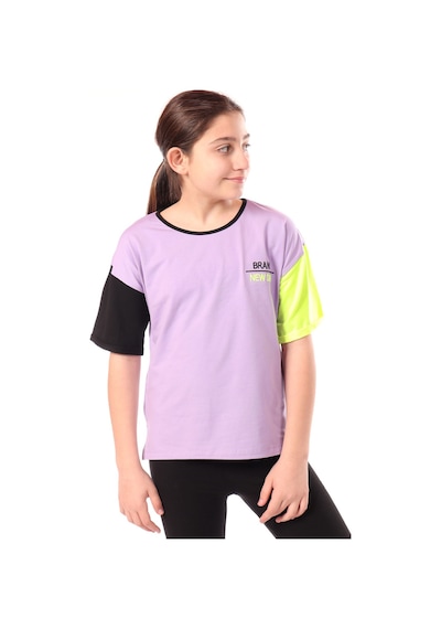 Toontoy Kids Toontoy Kız Çocuk Baskılı Bisiklet Yaka Kısa Kollu Tişört - Renk Bloklu Lila