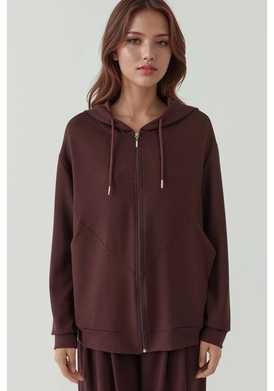Hiccup Modal Touch Fermuarlı Kapşonlu Sweatshirt Kestane Kahvesi