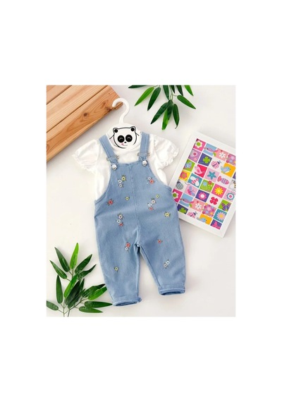 Caliskanonline Çiçek Desenli Kız Bebek 2li Kot Salopet Beyaz-kısa Beyaz-kısa