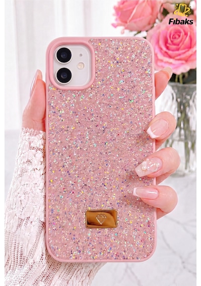 Fibaks iPhone 12/12 Pro Uyumlu Kılıf Içi Kadife Elmas Tasarımlı Pembe Taşlı Işıltılı Pırlanta Silikon Kapak