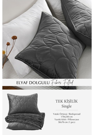 Evlen Home Kapitone Kadife Yatak Örtüsü Seti Tek Kişilik Supersoft 2 Parça Yumuşak Elyaf Dolgulu Antrasit Bej