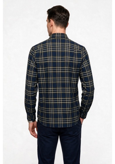 Fred Perry Erkek Normal Kesim Düğmeli Yaka Uzun Kollu Ekose Desenli Gömlek Koyu Mavi