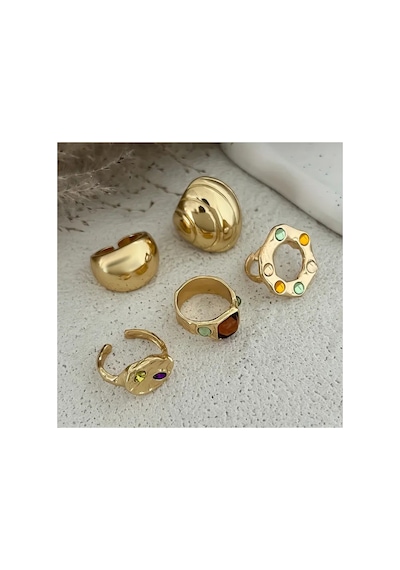 Zenya- 5'li Mavi Turuncu Taşlı Şık Tasarım Vintage Çoklu Gold Altın Bohem Yüzük Seti