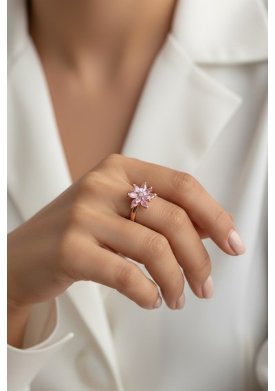 Çekirdekjewelry 925 Ayar Gümüş Ayarlanabilir Pembe Taşlı Lotus Yüzük Pembe
