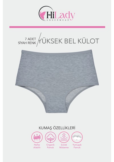 Kadın Külot, Kadın Yüksek Bel Külot, Pamuklu Yumuşak Kumaş, 7'li Paket Gri