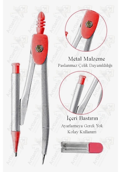 0.7 Uçlu Metal Pergel 1 Adet Fixpoint Kutulu Metal Pergel Versatil Uçlu Mekanik Kalem Basmalı Uçlu Pergel Kırmızı
