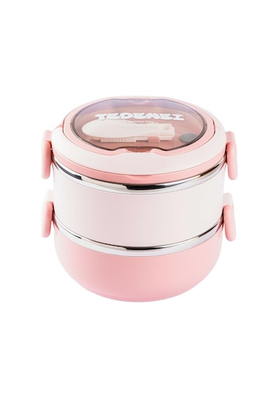 Tantitoni Tedemeı Pembe Paslanmaz Çelik Yuvarlak 2 Katlı Çatal Ve Kaşıklı Yemek Taşıma Kabı 850ml 412757 Pembe