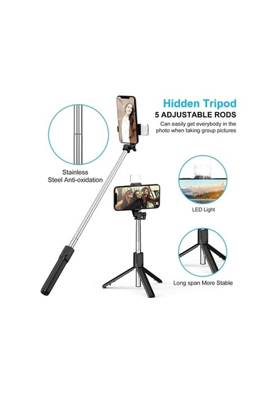 R1s Selfie Çubuğu Led Işıklı Bluetooth Kumandalı Özçekim Sopası Yatay Dikey Kullanılabilen Tripod