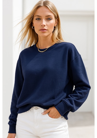Kadın Lacivert Pamuklu İnterlock Oversize Sweatshirt Lacivert