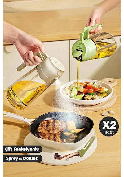 2'li Çift Fonksiyonlu Cam Yağdanlık 550ml Kulplu Zeytinyağı Sıvıyağ Şişesi Airfryer Sprey Yağlık