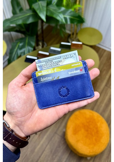 Unisex Buz Mavisi Mini Design Hakiki Deri Kartlık Cüzdan Erkek - Kadın Mavi