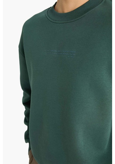 Defacto Boxy Fit Bisiklet Yaka İçi Yumuşak Tüylü Baskılı Sweatshirt X8282az25augn536 Yeşil