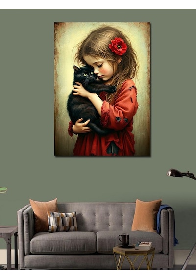 Kanvas Tablo Kedi Seven Küçük Kız 100cmx140cm