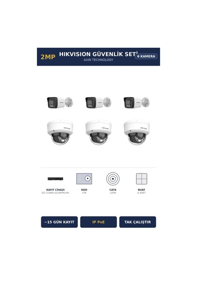 Hikvision 6 Kameralı 2mp Güvenlik Kamera Seti Ip Poe Acusense 1tb 15 Gün Kayıt Dome+bullet