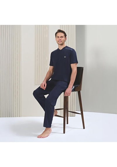Over Sleep By Poleren Over Sleep 1718 Erkek Kısa Kol Uzun Alt Yazlık Büyük Beden Pijama Takım Lacivert