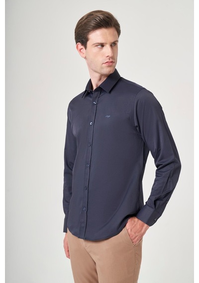 İmza Lacivert Sert Yaka Uzun Kol Cepsiz Slim Fit Pamuklu Gömlek 1004260213 Koyu Lacivert