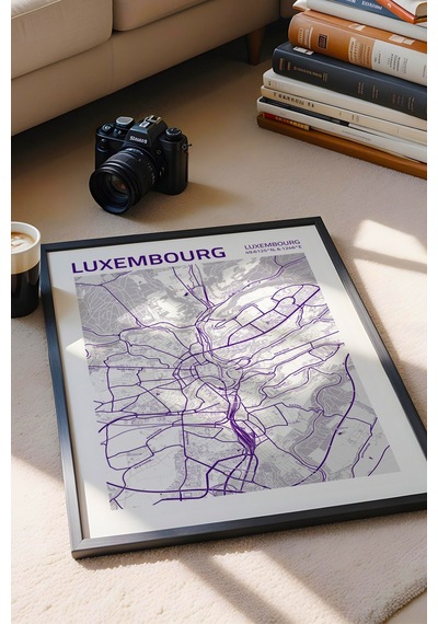 Lüksemburg Luxembourg Şehir Haritası Çerçeveli Tablo Lüks Salon Ofis Duvar Dekorasyonu Tablo Siyah