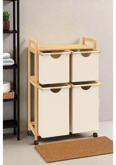 Ayrex Bambu 4 Bölmeli Kirli Sepetli Çamaşır Sepeti Raflı Banyo Düzenleyici Db-0018 Diğer