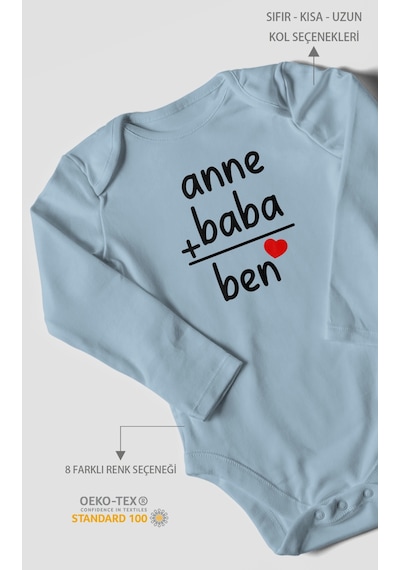 Anne Baba Ve Ben Baskılı Bebek Zıbını Çıtçıtlı Body %100 Pamuk Uzun Kol Bebe Mavisi