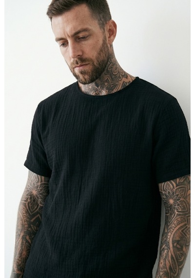 Combattente Exclusive Products Kısa Kol Oversize Müslin Erkek Tshirt - 2026 Erkek Tişört Kreasyonu Siyah