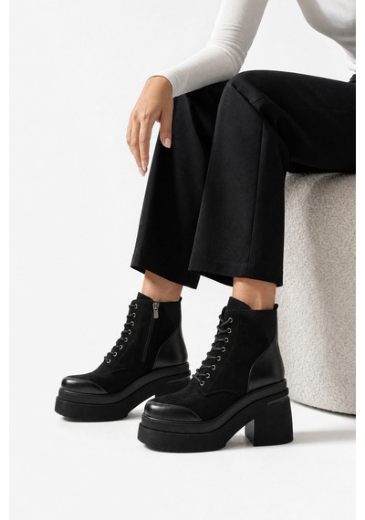 Luvi Shoes Norton Siyah Süet Bağcıklı Fermuarlı Kadın Platform Topuklu Bot