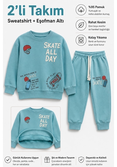 Ahengim Erkek Çocuk Kaykay Baskılı Sweatshirt Eşofman Altı 2 Li Takım 1-4 Yaş Ak115 Yeşil