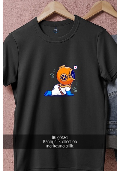 Bahriyeli Collection Oversize Mini Dalgıç Ve Kalp Tasarımlı Unisex T-shirt Siyah