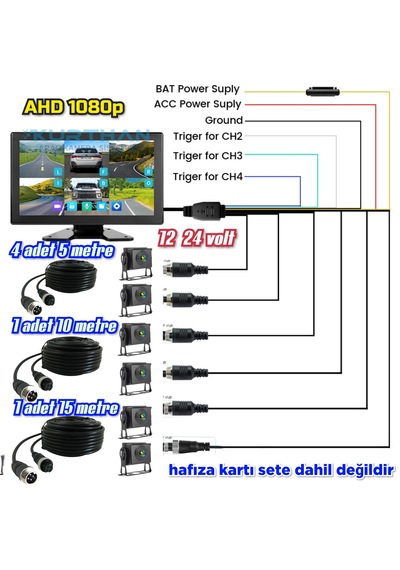 6 Ch 10 İnç Dokunmatik 1080p 6 Kameralı 4k Ultra Hd 512 Gb Dvr-usb-bsd Monitör Seti 12 - 24 Volt