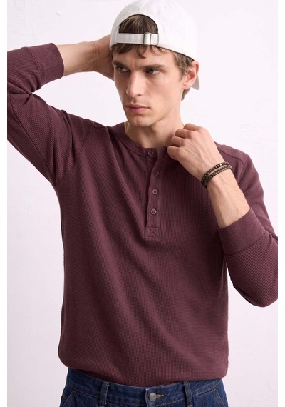 Barrels And Oıl Erkek Yaka Düğmeli Uzun Kollu T-shirt - Vişne Vişne