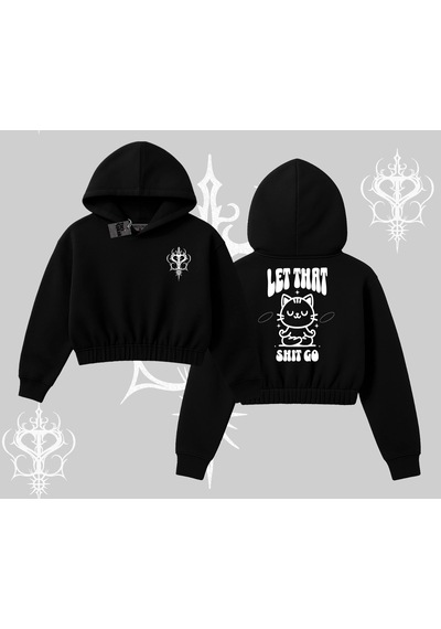 Startmore Meditasyon Yapan Kedi Baskılı Kapşonlu Crop Sweatshirt Siyah