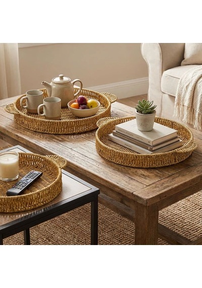 Durukar İç İçe Geçebilen 3 Lü Yuvarlak Plastik Rattan Tepsi Seti Hasır Görünümlü Çok Amaçlı Servis