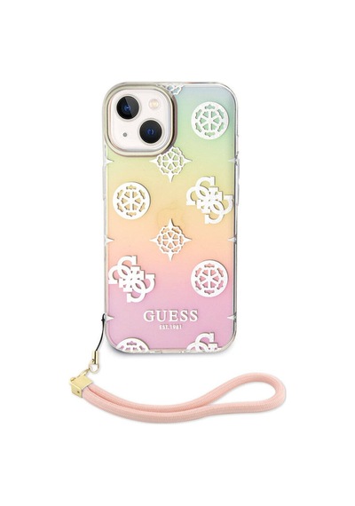 Apple Uyumlu iPhone 15 Plus Kılıf Guess Lisanslı Yazı Logolu Askı İpli Holografik Glitter Peony