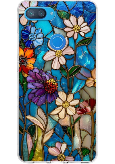 Printify Xiaomi Mi 8 Lite İle Uyumlu Vitray Mavi Bahar Tasarımlı Şeffaf Silikon Kılıf Şeffaf