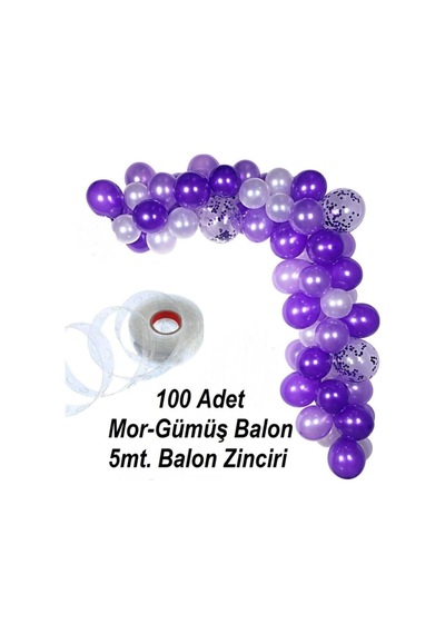 100 Adet Metalik Balon Ve 5 Metre Balon Zinciri Mor - Gümüş Karışık Uçan Balon A