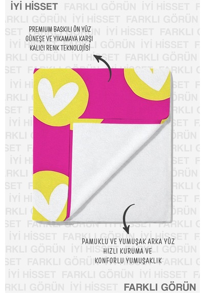 Kalp Temalı Fuşya Sarı Plaj Havlusu - Modern Pop Art Canlı Renkli Hızlı Kuruyan Mikrofiber Havlu Sessiz Şakayık