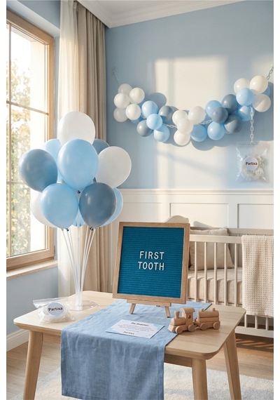 Diş Buğdayı Erkek Bebek Süsleme Deluxe Set Mavi Keçe Yazı Panosu Standlı Balon Zincirli 7li Şeffaf Balon Standlı İlk Dişim Parti Seti 1 - 12 Yaş