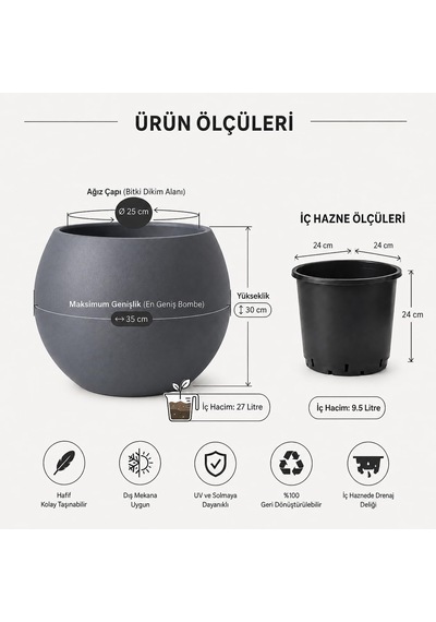 Zevli Dekoratif Saksı 27l Antrasit Gri Küre Tasarım, Beton Görünümlü Modern Dekorasyon Objesi Diğer