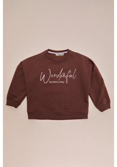Fullamoda Kabartma Baskılı Oversize Kız Çocuk Sweatshirt Kahve