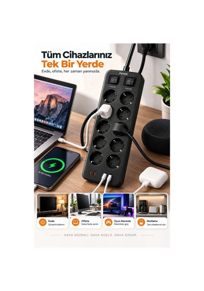 10 Lu Akım Korumalı Grup Priz 3680w, 2 Usb-c + 2 Usb-a, 1050j, 2 Metre Kablo 0 - 2 M