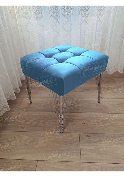 Modern Dilim Puf Ayakucu Puf Gümüş Metal Ayak 45 45 Turkuaz