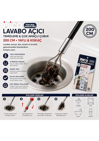 İbico İ21-029 Yaylı Kıskaçlı Lavabo Ve Gider Temizleme Çubuğu 200 Cm - 10'li Paket