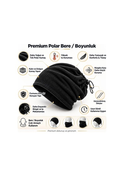 Genel Unisex Premium Polar Bere Boyunluk 2 Adet Set 2'si 1 Arada Sıcak Tutan R Siyah / Standart / 2 Adet