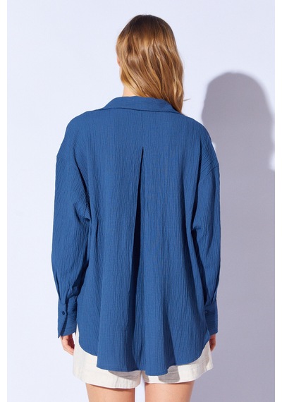 Manche Gofre Oversize Rahat Kesim Kadın Gömlek İndigo Mks161103-01